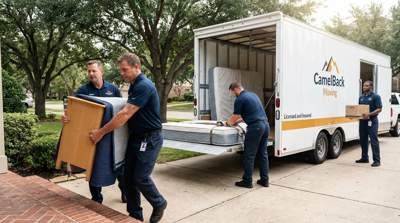 Crew loading residential truck for cross-state move from Olney, TX