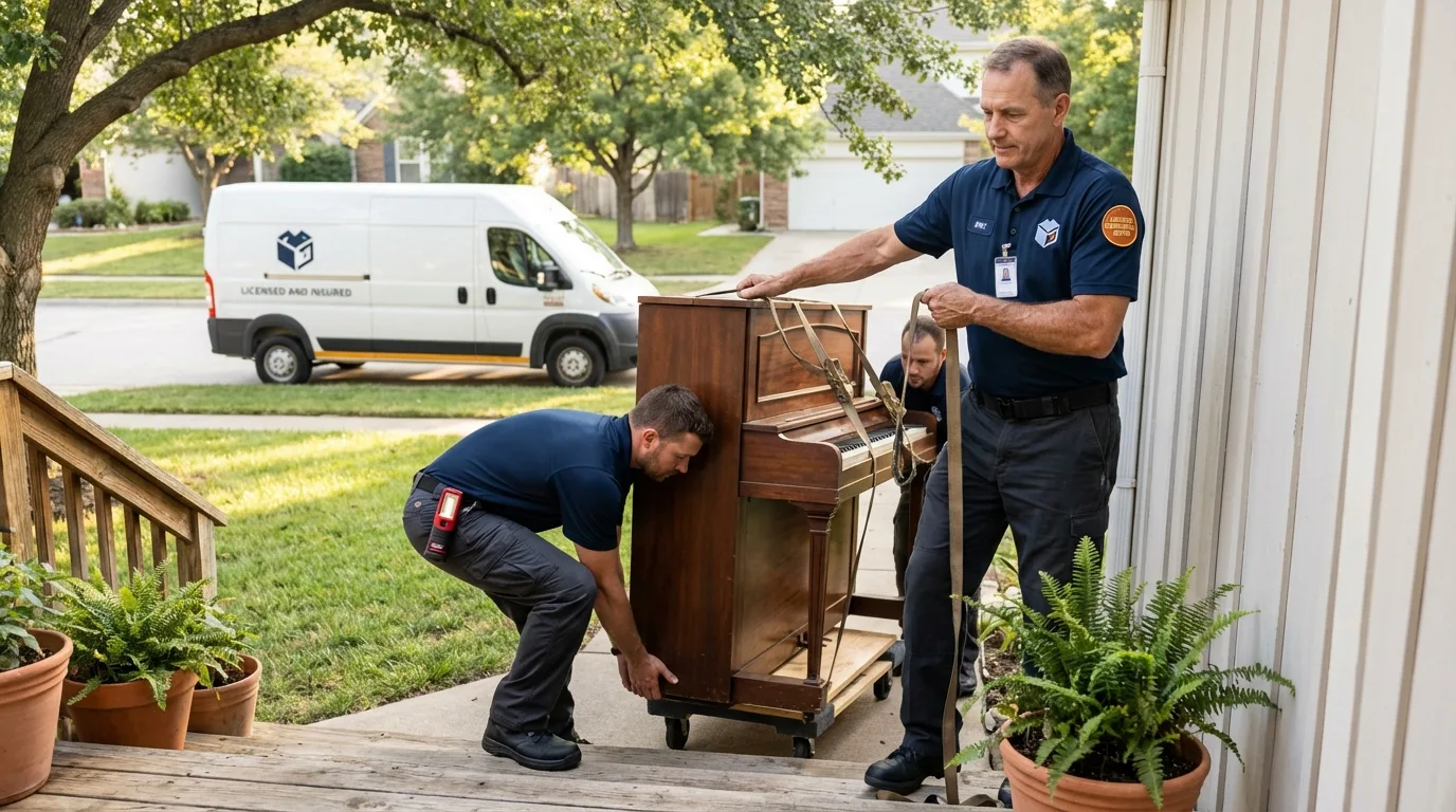 Licensed piano movers securing grand piano in Olney, TX